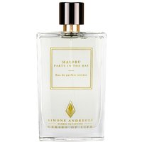 Clear glass bottle of Simone Andreoli Malibu Eau de Parfum, gold label, black and silver cap, 100 ml unisex sweet fragrance.