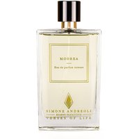Clear glass bottle of Simone Andreoli Moorea Eau de Parfum, gold label, black cap, unisex floral fragrance, 100 ml.