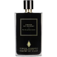 Black rectangular perfume bottle with gold cap, labeled "Smoke of Desert" by Simone Andreoli, 100 ml unisex fragrance.