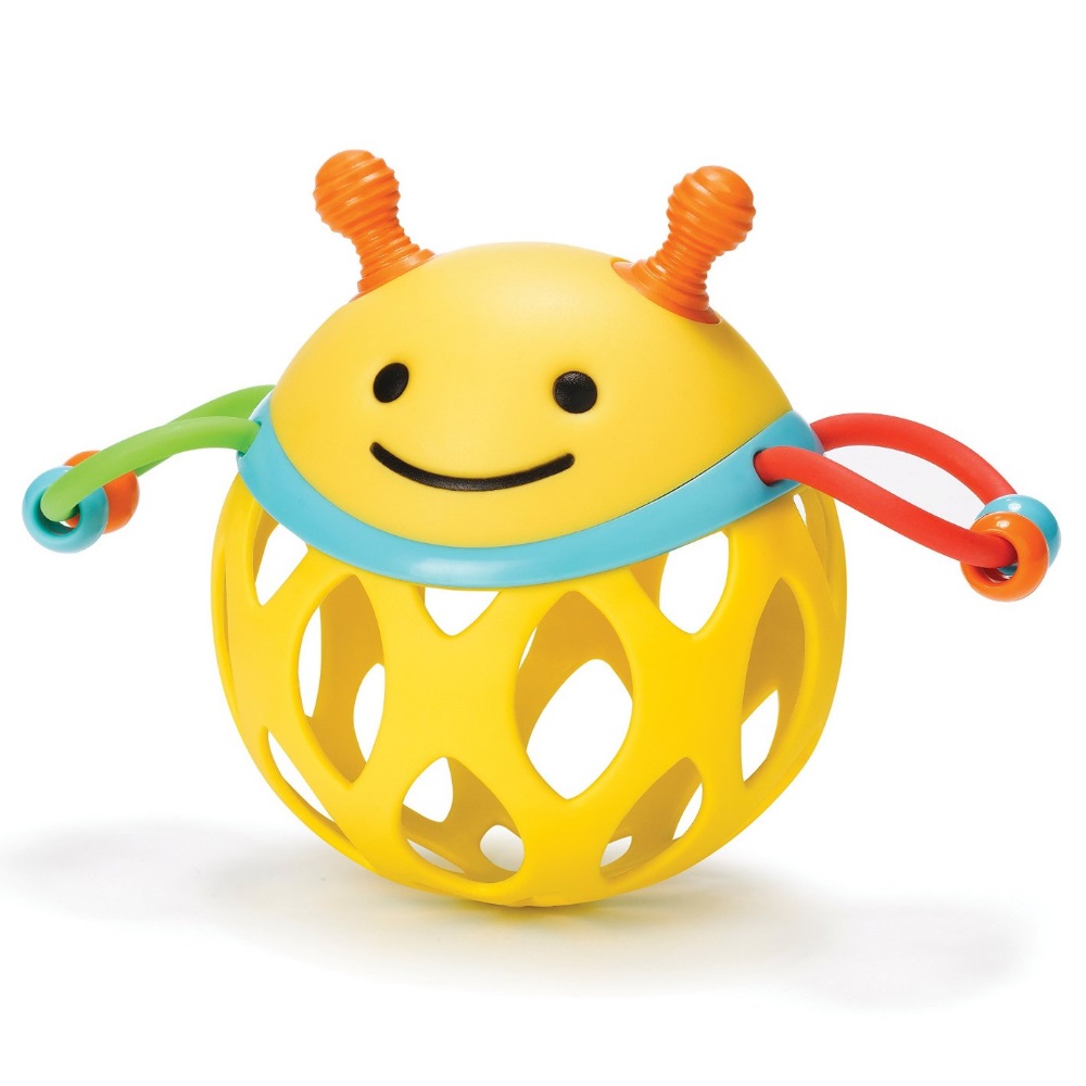 Bright yellow bee-shaped toy with a smiling face, featuring colorful antennae, a blue band, and a mesh body for easy grip, designed for infants to roll and explore.