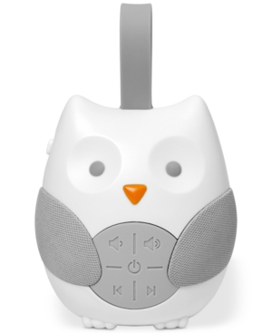 White owl-shaped baby soother with gray ears, orange beak, and a control panel featuring play buttons; designed for sensory development and portability.