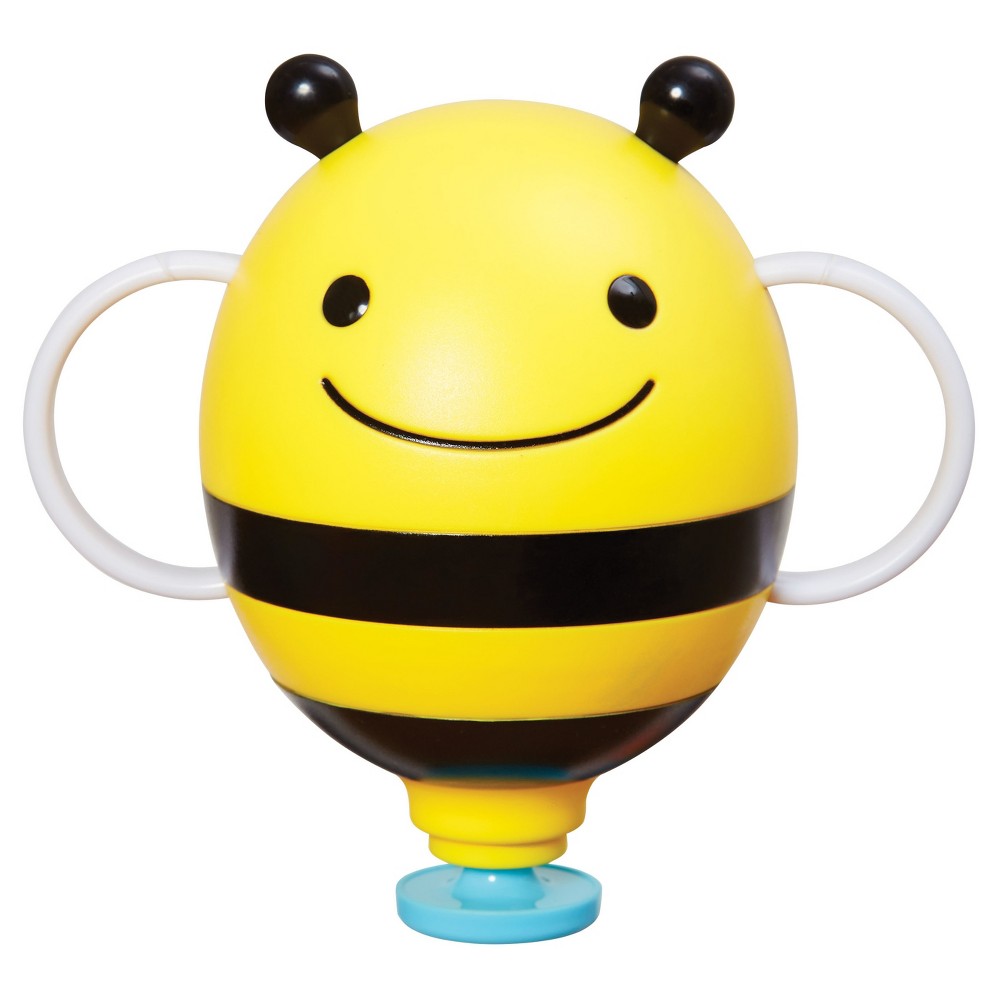 Bright yellow bee-shaped bath fountain with a smiling face, black stripes, and two white handles, made of durable plastic for playful water fun.