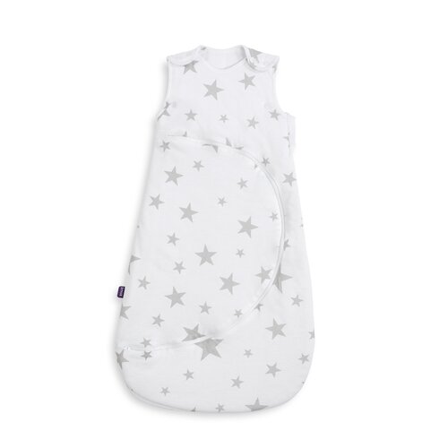 Soft grey star design baby sleeping bag made of 100% cotton, featuring a zip for easy nappy changing, designed for warmth with a 25 Tog rating.