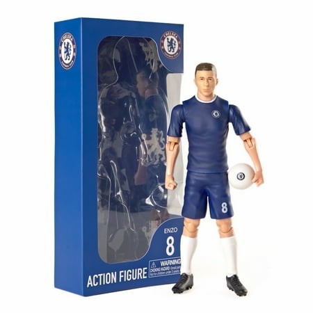 Chelsea soccer action figure of Enzo Fernandez, wearing a blue jersey with number 8, white shorts, and black cleats, displayed in a clear box with Chelsea branding.