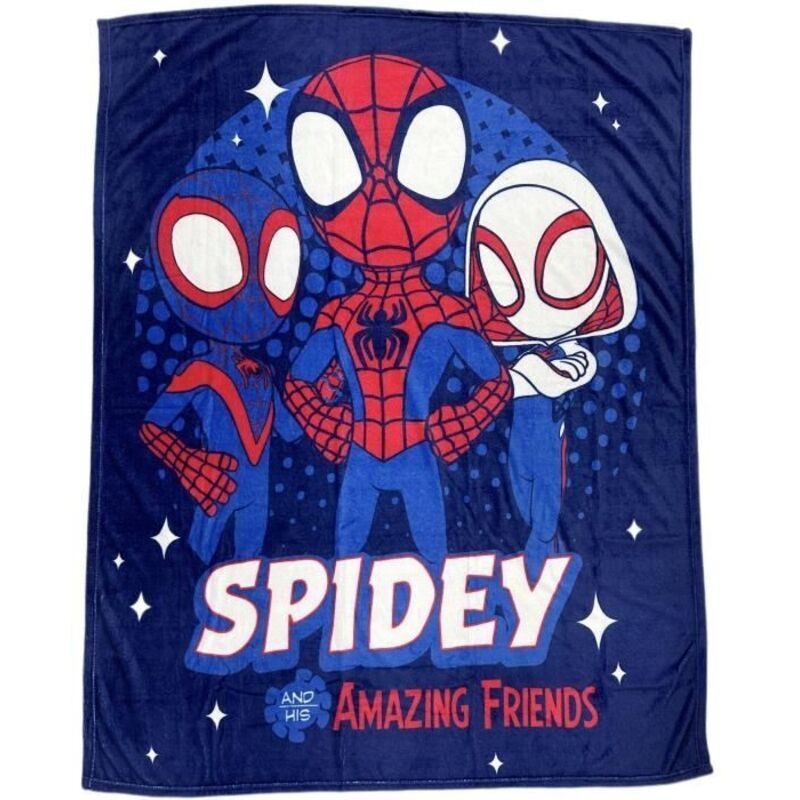 Soft blue blanket featuring Spidey and his friends in vibrant red and white, with bold text reading "SPIDEY" and "AMAZING FRIENDS" at the bottom. Measures 130 x 180 cm.