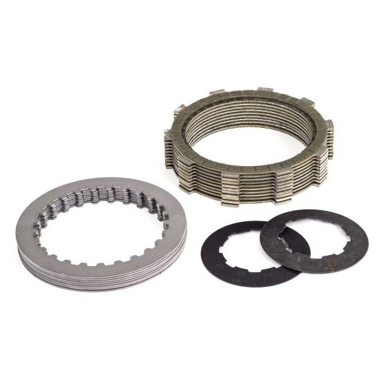 EBC Brakes SRK Aramid Fibre Replacement Clutch Kit featuring a stack of metallic clutch plates, a steel hub, and two black friction discs, designed for durability and performance.