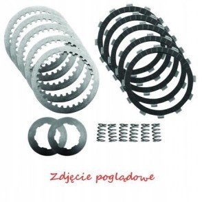Set of motorcycle clutch plates and springs for Kawasaki Ninja 300, featuring metallic and black friction discs, with two circular spacers and four coiled springs.
