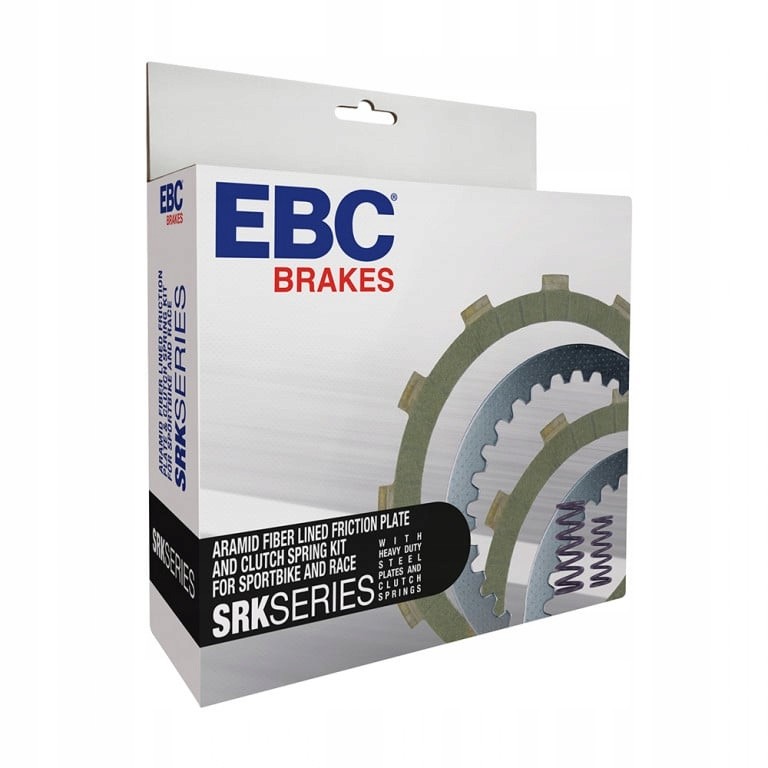 EBC's SRK130 clutch kit features aramid fiber friction plates, a sleek box design, and includes springs for enhanced performance in sportbikes and racing applications.