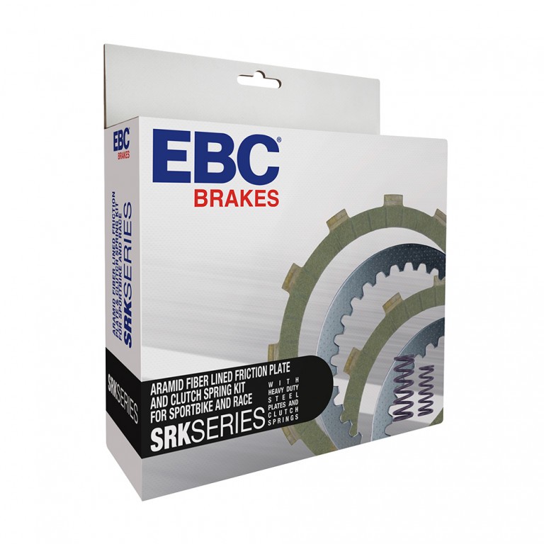 EBC's Lamely Spojky Set SRK149 features aramid fiber-lined friction plates and clutch springs, presented in a sleek white and blue box with clear product illustrations.