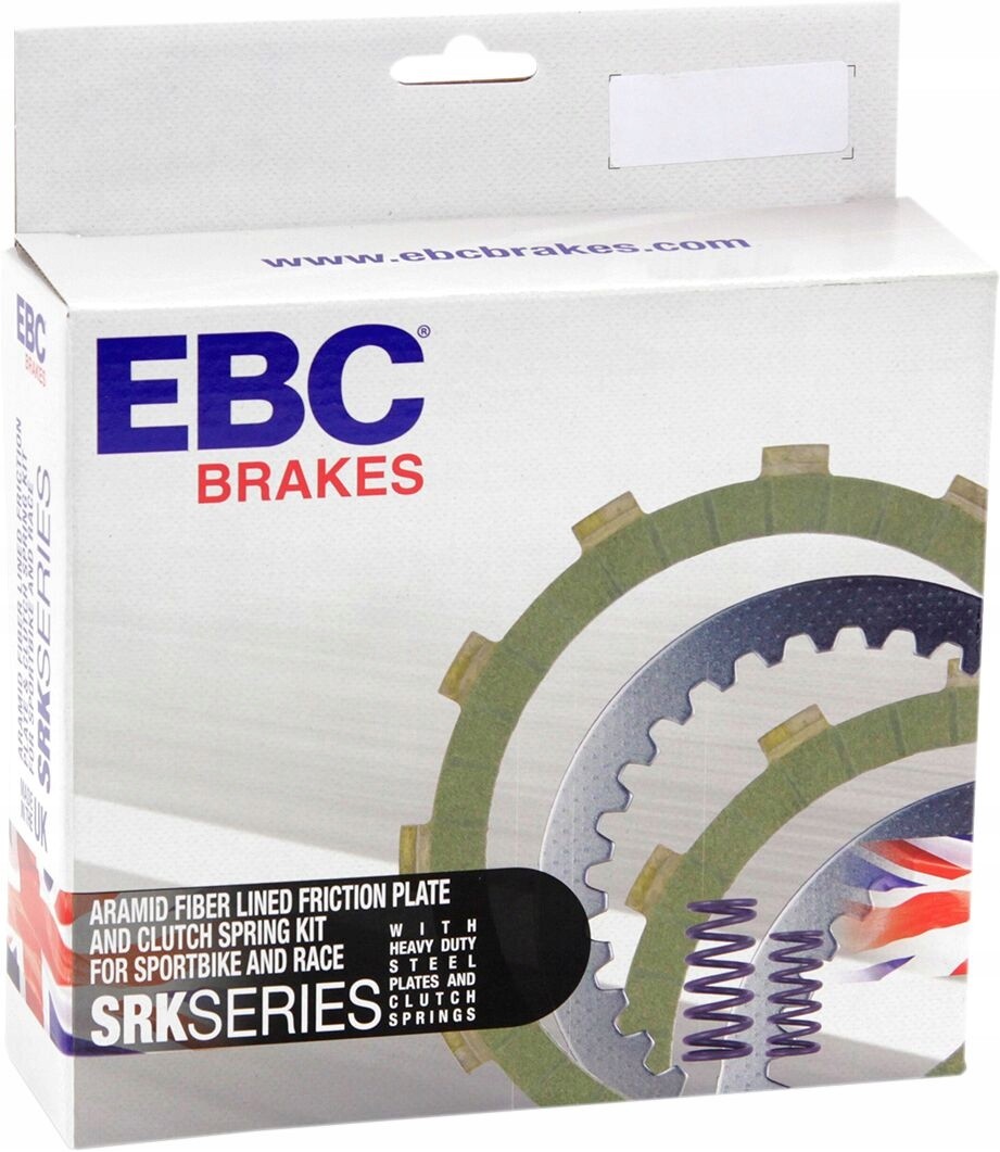 EBC SRK Series clutch plate and spring kit featuring aramid fiber lining, heavy-duty steel plates, and a spring, packaged in a branded box with a union jack design.