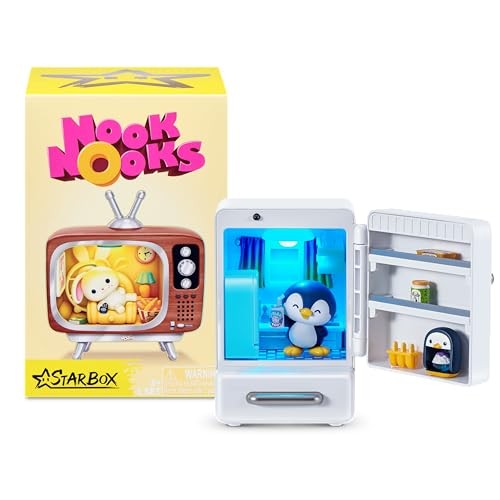 Collectible mini figurines in a themed scene featuring a penguin and a dog in a retro TV and refrigerator, with bright colors and surprise accessories, packaged in a vibrant yellow box.
