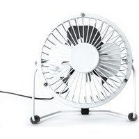 White metal mini USB desk fan with circular grill and black blades on a wire stand.
