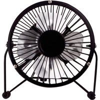 Black metal STATUS 4" desk mini fan with circular grill and USB power connection.