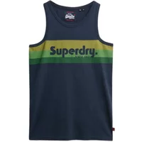 Navy Superdry Cali tank top with green and yellow stripes and bold Superdry logo across the chest.