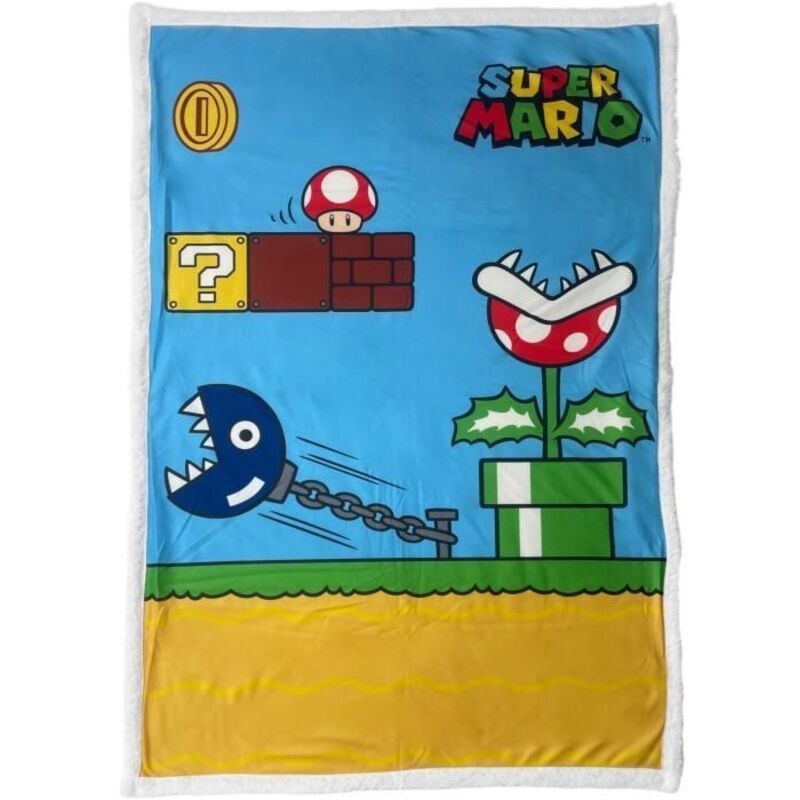 Soft fleece blanket featuring a vibrant blue background with iconic Super Mario elements, including a coin, mushroom, piranha plant, and a chain chomp, measuring 130x180cm.