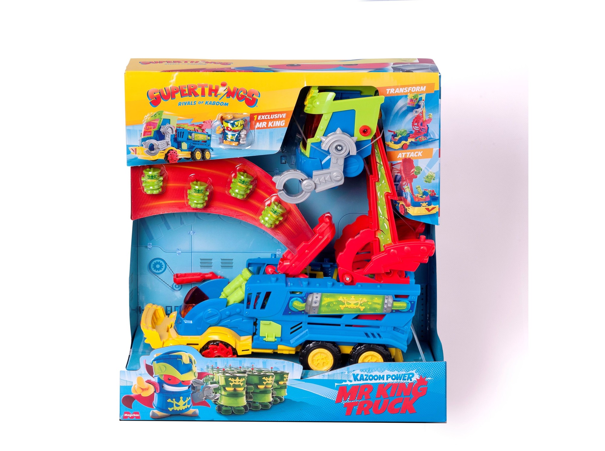 Brightly colored blue and green truck toy with a dragon-like design, featuring a red claw and green barrels, packaged in a vibrant box with SuperThings branding.
