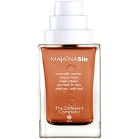 Clear glass bottle with brown liquid, white cap, labeled "Majaina Sin" by The Different Company, 100 ml unisex perfume.