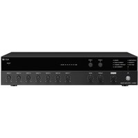 Black TOA A-3648D audio mixer, 4 channels, frequency range 20-20000 Hz, with multiple knobs and LED indicators.