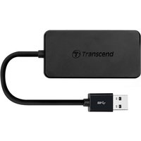 Black Transcend HUB2 USB hub with integrated cable and USB-A connector, featuring a sleek rectangular design.