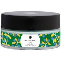Tuttotondo Mirto exfoliating cream in a round jar with a black lid and colorful leaf pattern label.