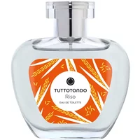 Clear glass bottle of Tuttotondo Riso Eau de Toilette, orange label with rice stalk design, silver cap, 100 ml.