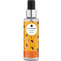 Clear bottle of Tuttotondo Scherma deodorant spray with orange label and black cap, featuring abstract design.