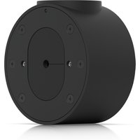 Black cylindrical Ubiquiti security camera junction box with multiple screw holes and a central cable entry point.