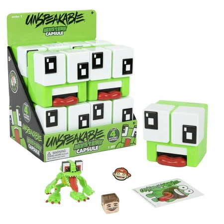 Green and white mystery capsule featuring a cartoonish monster face with a red tongue, surrounded by additional capsules, a small green figure, and collectible stickers.