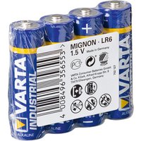 Blue Varta LR6 AA alkaline batteries, four-pack, with industrial label and barcode, wrapped in clear plastic.