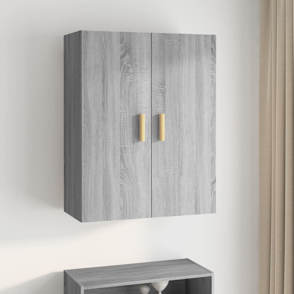 Grey Sonoma hanging wall cabinet with two doors and gold handles, measuring 69.5x34x90 cm, featuring a sleek, modern design suitable for various interiors.