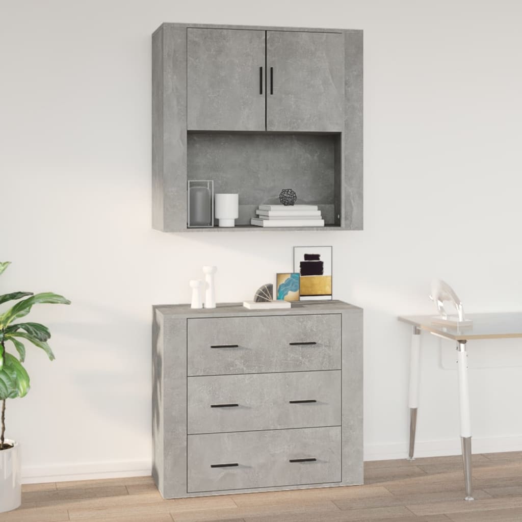 Concrete grey wall cabinet made of engineered wood, featuring two upper doors and three lower drawers, with a minimalist design suitable for modern interiors.