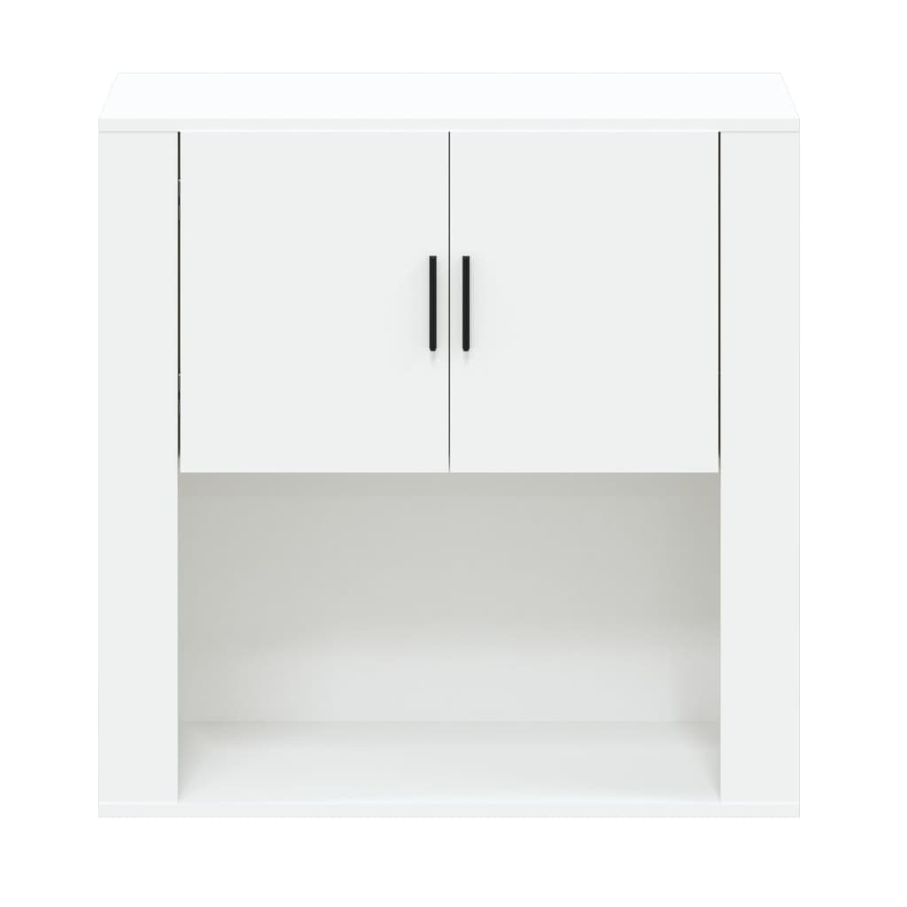 White wall cabinet made of engineered wood, featuring two doors with black handles and an open shelf below, measuring 80x33x80 cm.