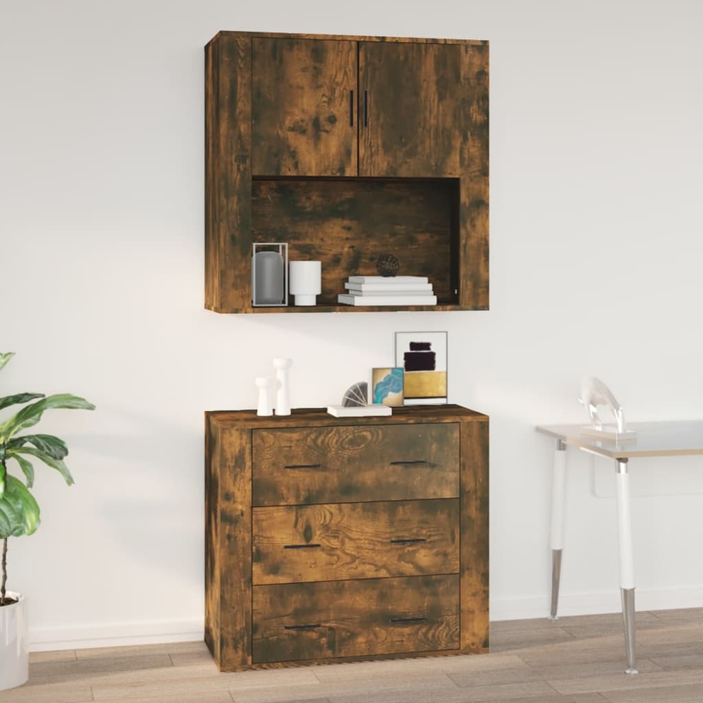 Wall-mounted cabinet in smoked oak engineered wood, featuring two upper doors, an open shelf, and three drawers in a rich brown finish, ideal for home organization.