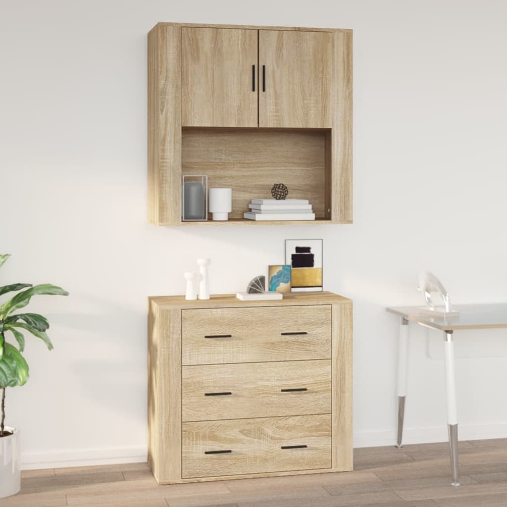 Sonoma oak wall cabinet featuring a two-door upper section and three drawers below, made of engineered wood, with a minimalist design and sleek black handles.