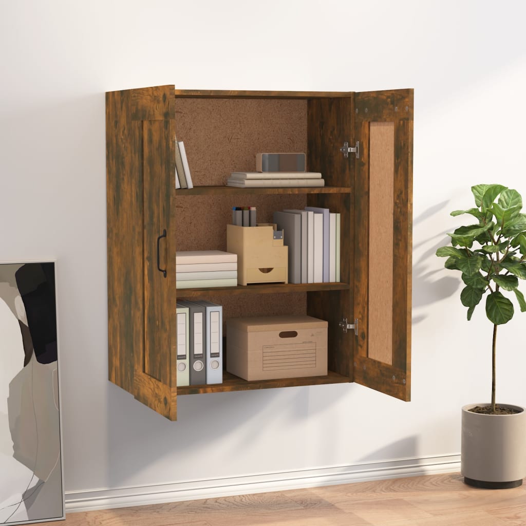 Hanging wall cabinet in smoked oak finish, featuring two doors, three shelves, and a stylish brown color, ideal for storage and organization in any room.