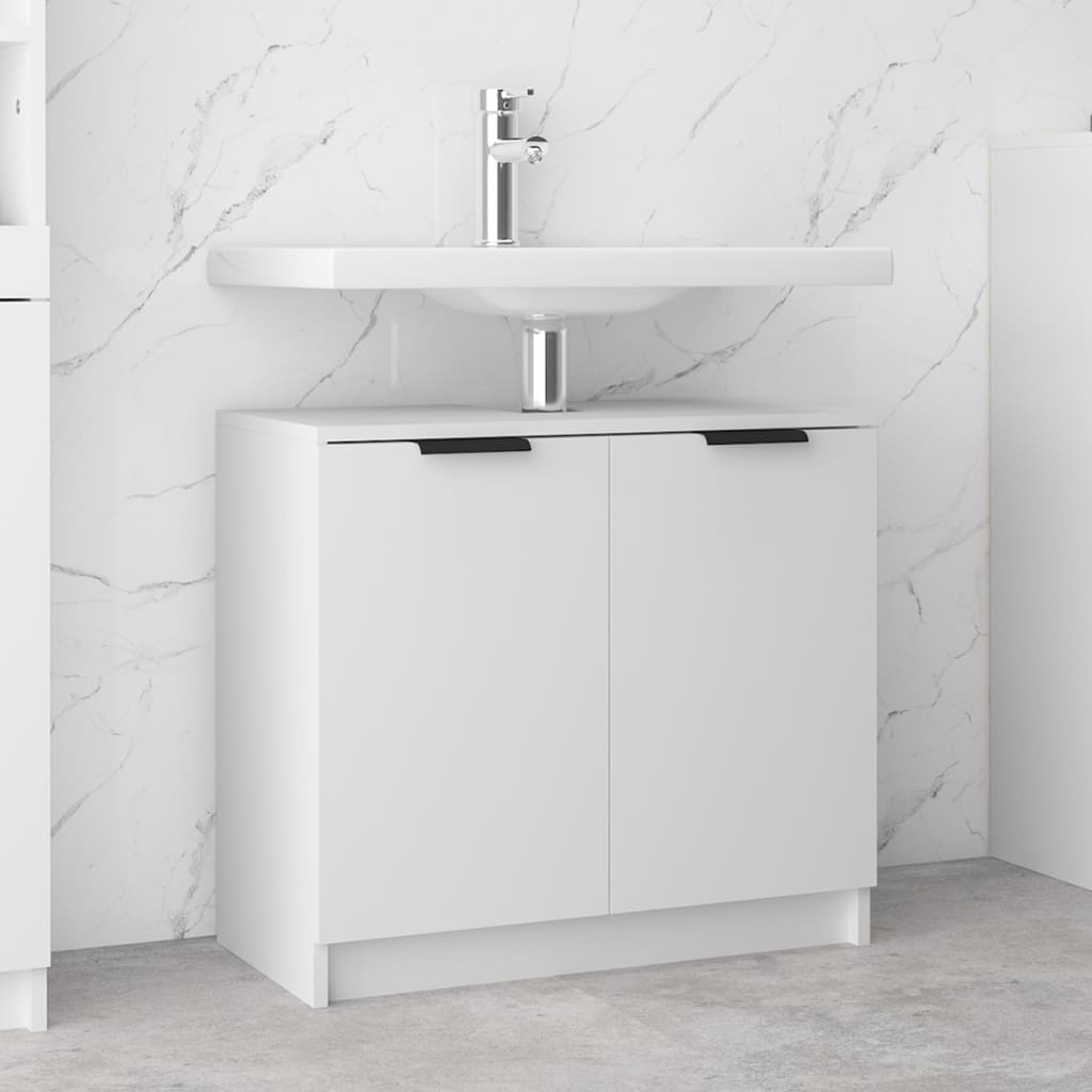 White engineered wood bathroom cabinet with two black handle doors, featuring a sleek design and a smooth countertop for a modern look, measuring 64.5x33.5x59 cm.