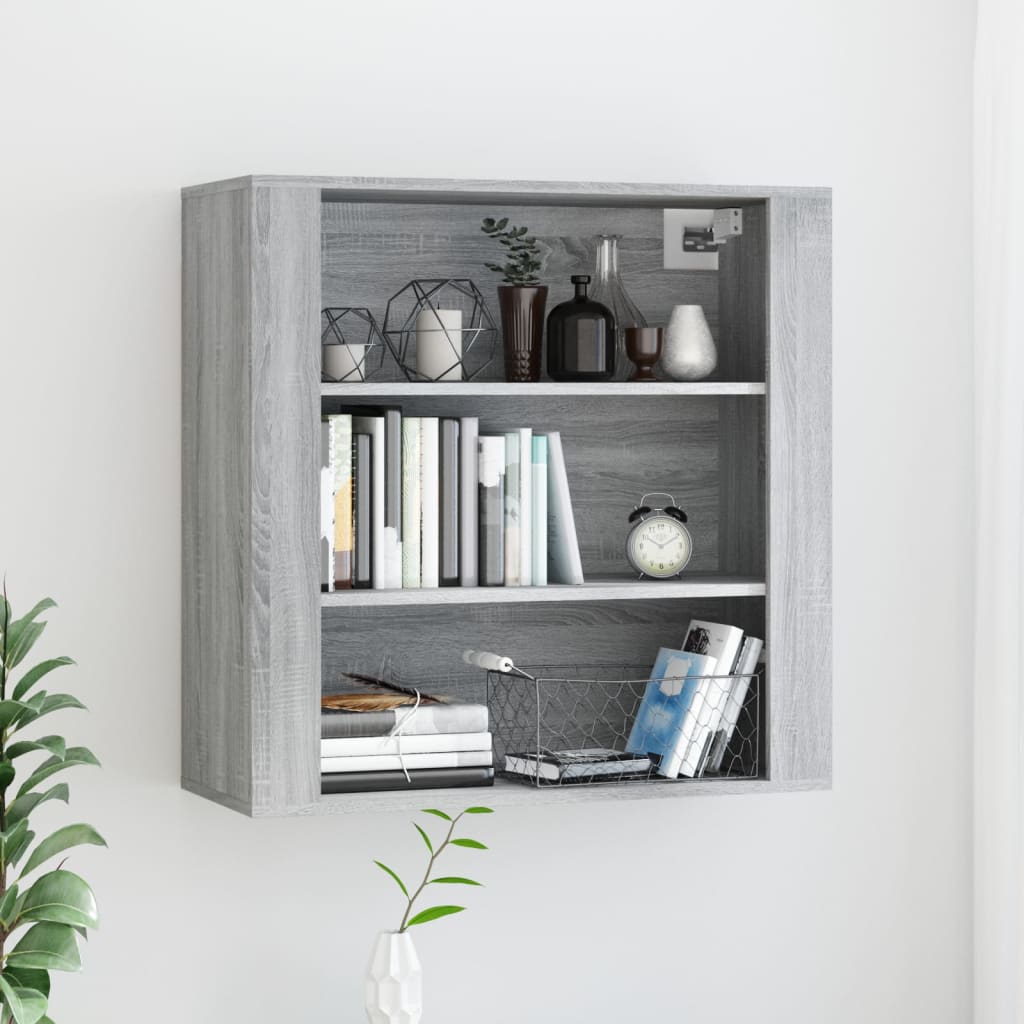 Grey Sonoma wall cabinet made of engineered wood, featuring two open shelves, decorative items, books, and a clock, complemented by a plant on the side.