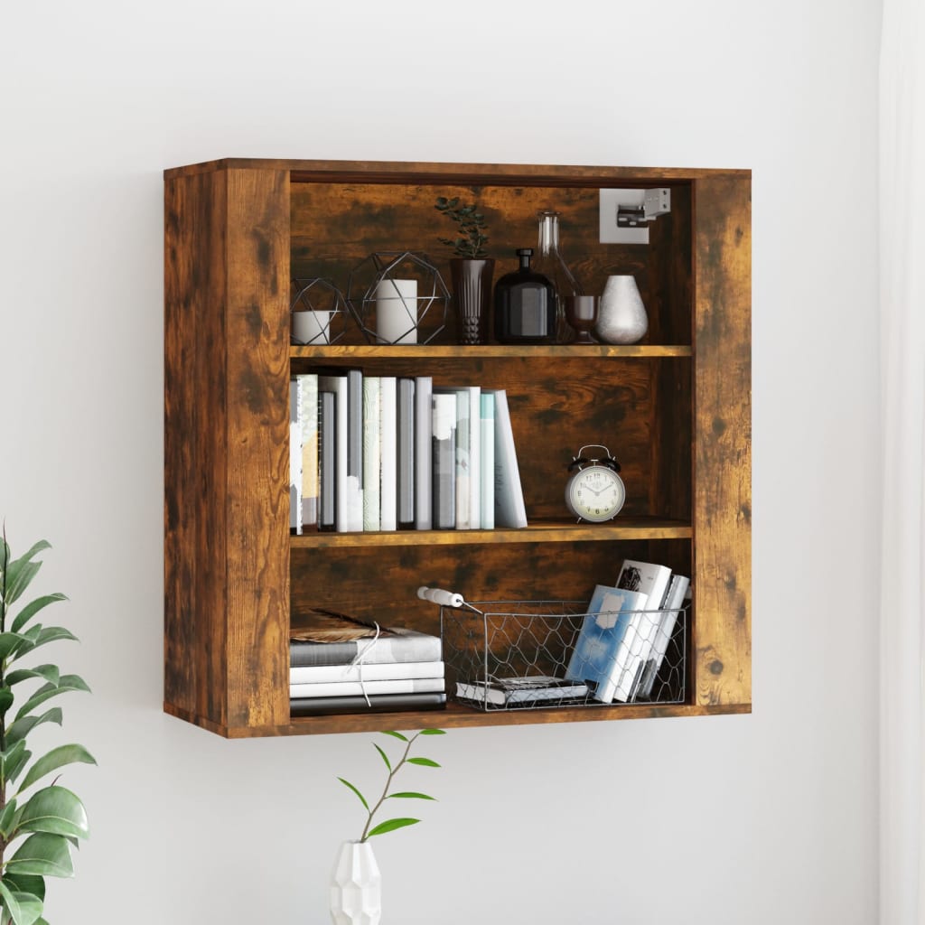 Floating wall cabinet in smoked oak engineered wood, featuring two open shelves, decorative items, books, and a wire basket, with a modern brown finish.