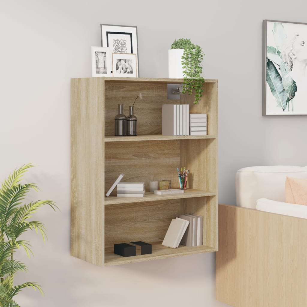 Hanging wall cabinet in Sonoma oak finish, featuring three open shelves, a minimalist design, and a light brown color, ideal for storage and display.