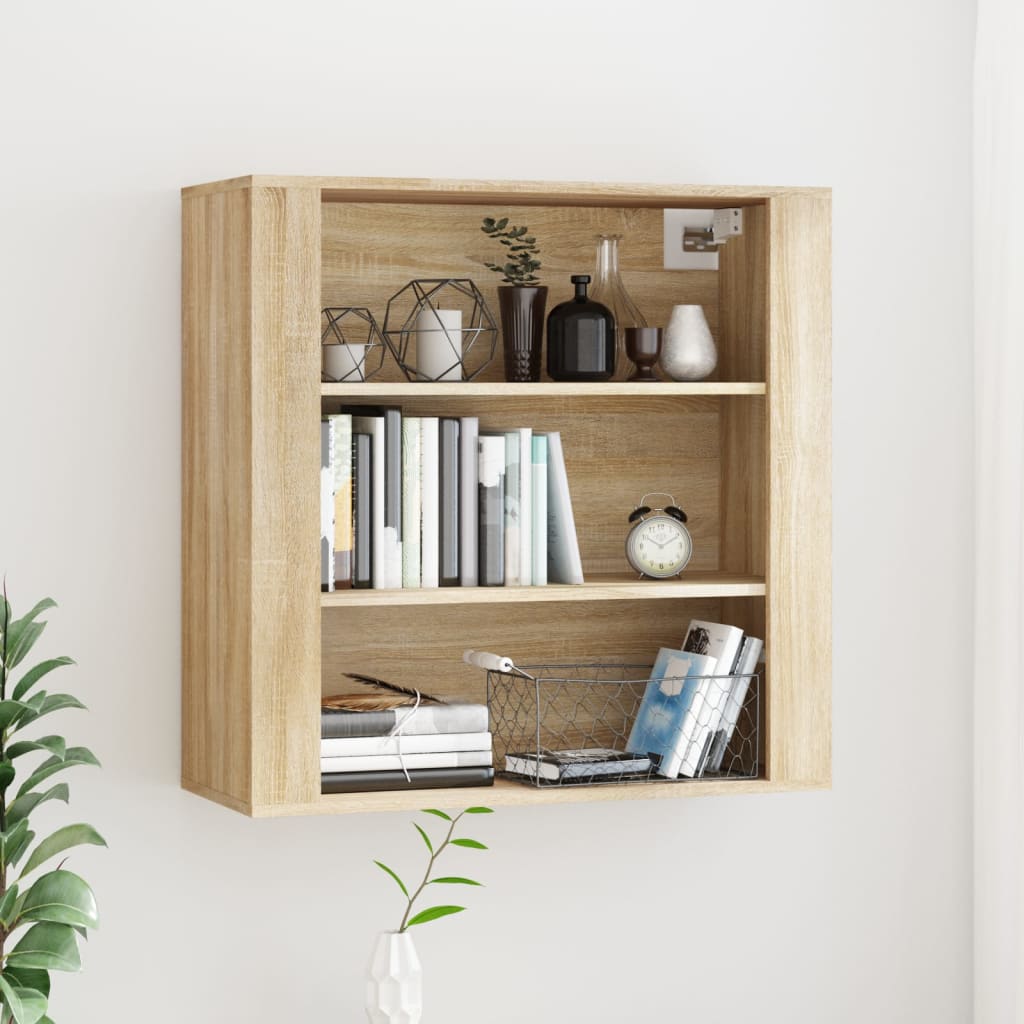 Wall cabinet in Sonoma oak finish, made of engineered wood, featuring two open shelves, decorative items, and a wire basket, measuring 80x33x80 cm.