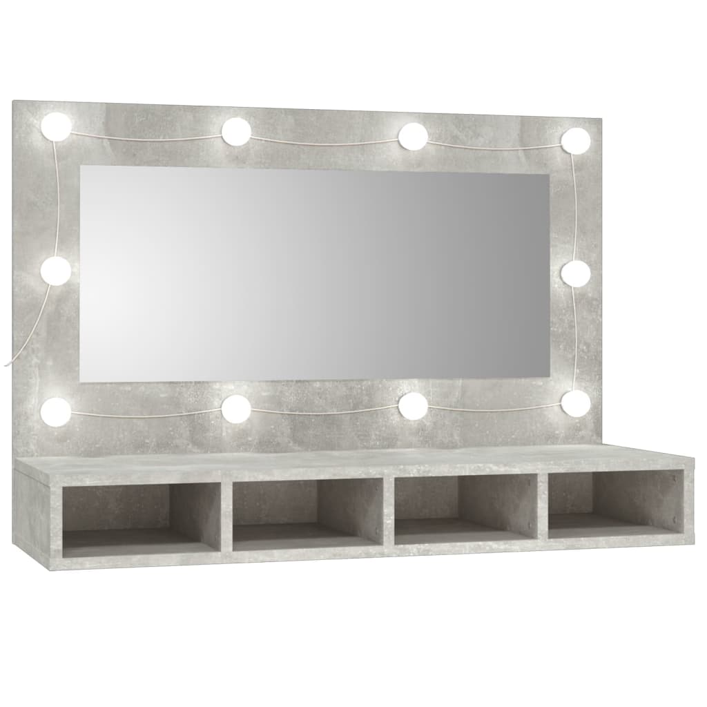 Concrete grey mirror cabinet featuring a large rectangular mirror, illuminated by round LED lights, with three open storage compartments below.