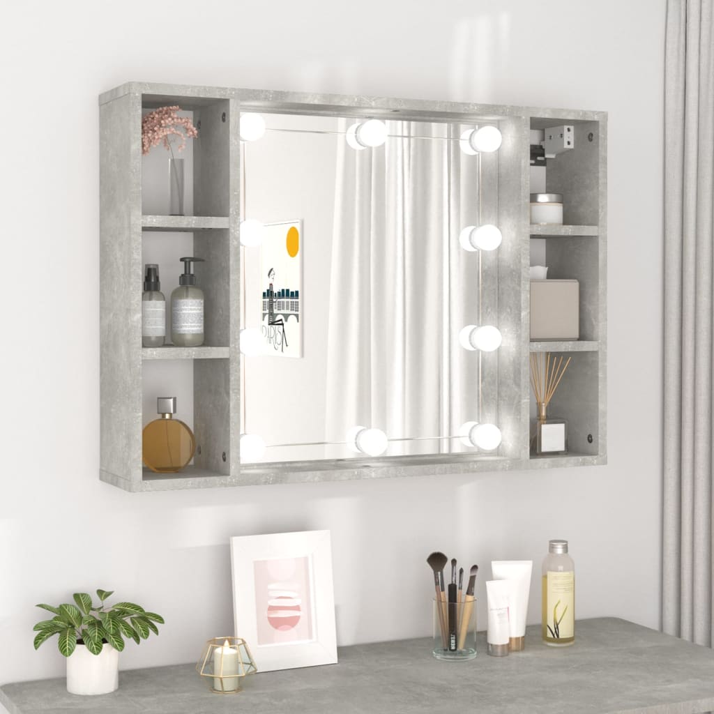 Concrete grey mirror cabinet featuring LED lights, two side shelves for storage, and a sleek design, measuring 76x15x55 cm, ideal for modern bathrooms or dressing areas.
