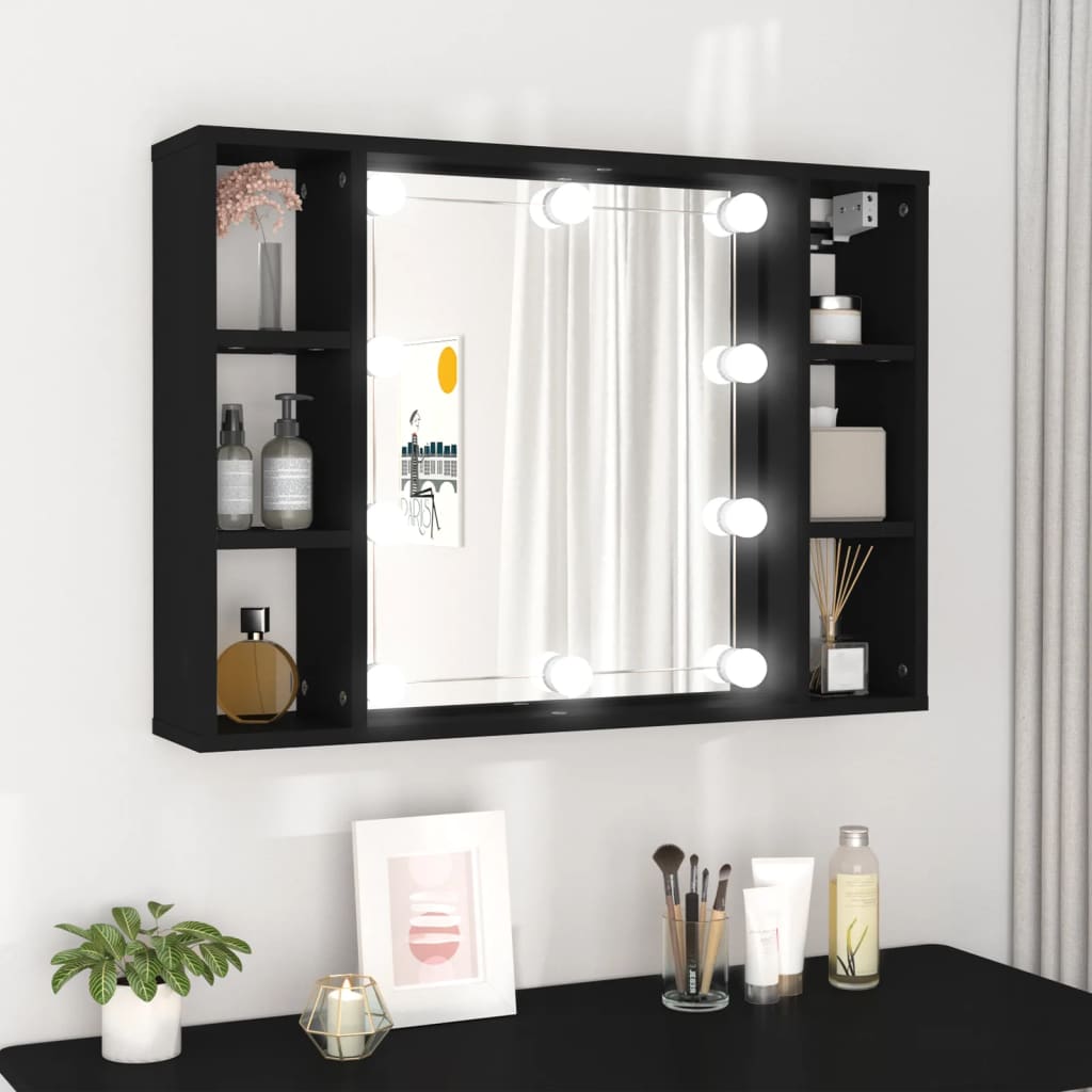 Black engineered wood mirror cabinet featuring a central mirror with five surrounding bulbs, side shelves for storage, and a sleek, modern design.