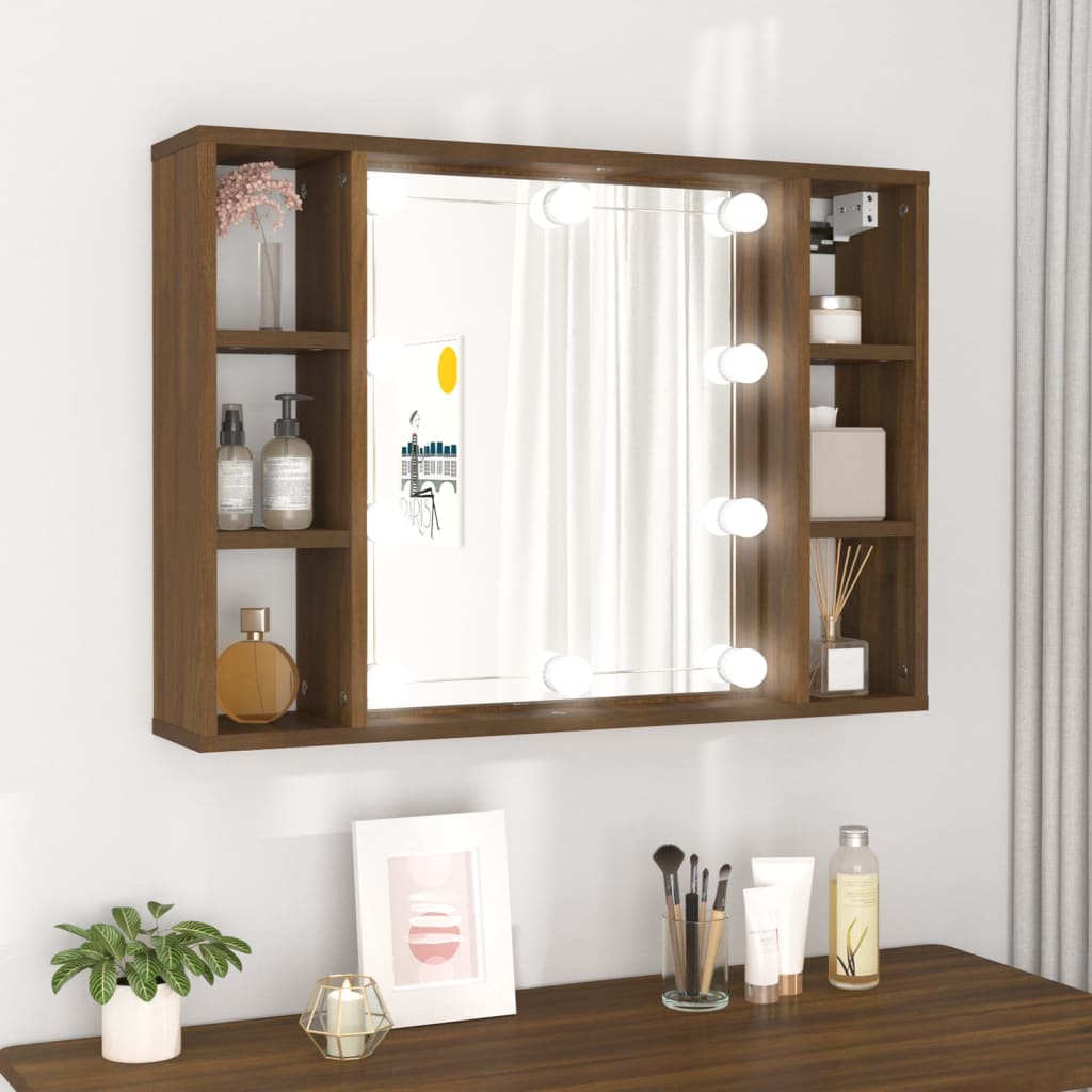 Brown oak mirror cabinet featuring LED lights, two side shelves for storage, and a central mirror, ideal for enhancing any vanity or bathroom space.