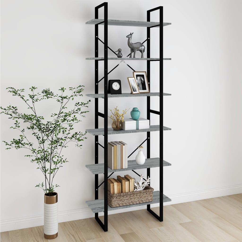 High cabinet with a grey Sonoma finish, made of engineered wood, featuring five shelves, black metal frame, and decorative items like books and plants.