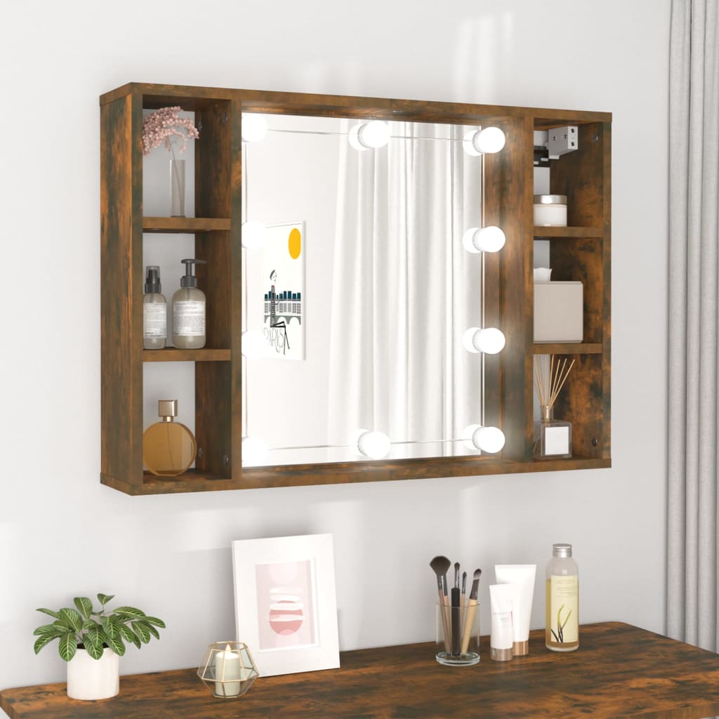 Brown smoked oak mirror cabinet featuring LED lights, a central mirror, and side shelves for storage, ideal for a stylish vanity setup.