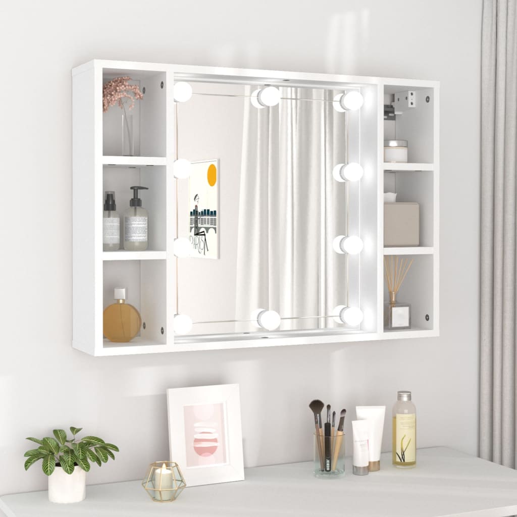 White mirror cabinet featuring LED lights, measuring 29.9"x5.9"x21.7", with side shelves for storage and a sleek design, ideal for modern spaces.