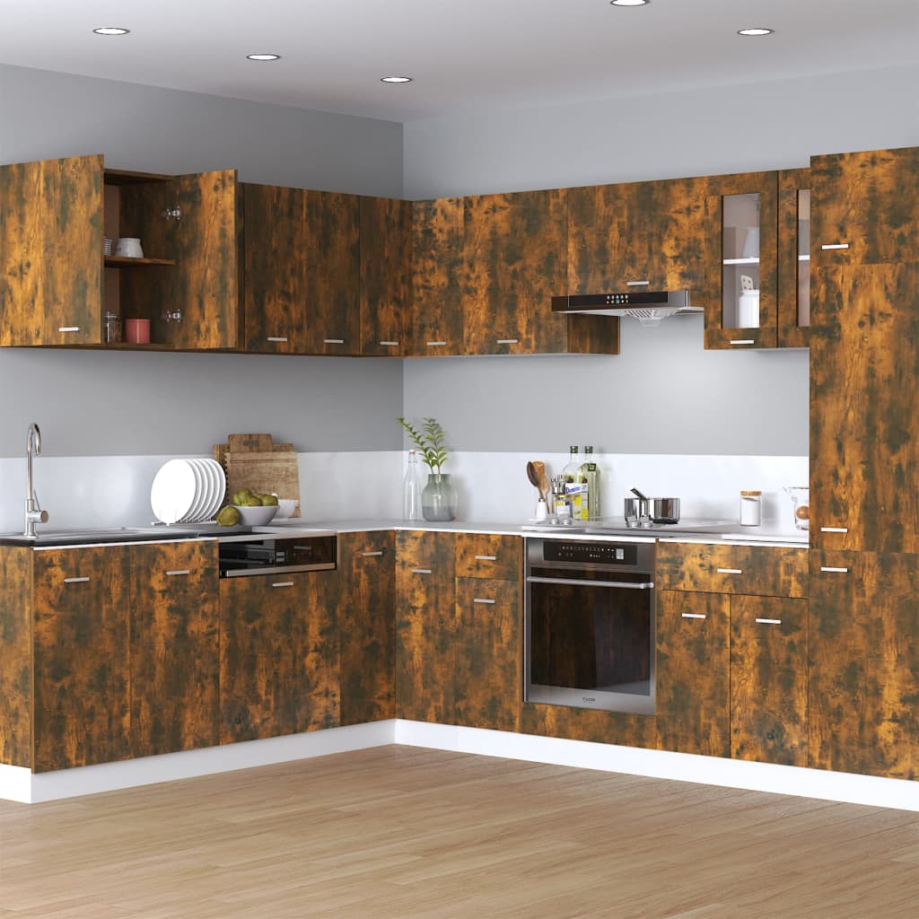 Hanging cabinet in smoked oak engineered wood, featuring a rich brown finish, sleek handles, and a modern design, ideal for kitchen storage.