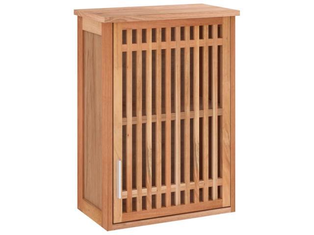 Wall-mounted bathroom cabinet made of solid walnut wood, featuring a brown finish, slatted door design, and compact dimensions of 42x23x60 cm.