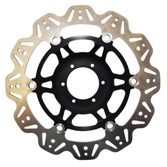 Black hub motorcycle brake disc with a stainless steel outer ring, featuring a unique, intricate design and multiple mounting holes for enhanced performance.